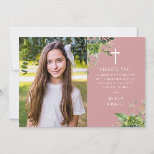 Dusty Roos Pink Greenery Fotobevestiging Bedankkaart (Voorkant)