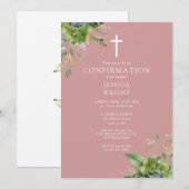 Dusty Roos Pink Greenery Monogram Bevestiging Kaart (Voorkant / Achterkant)