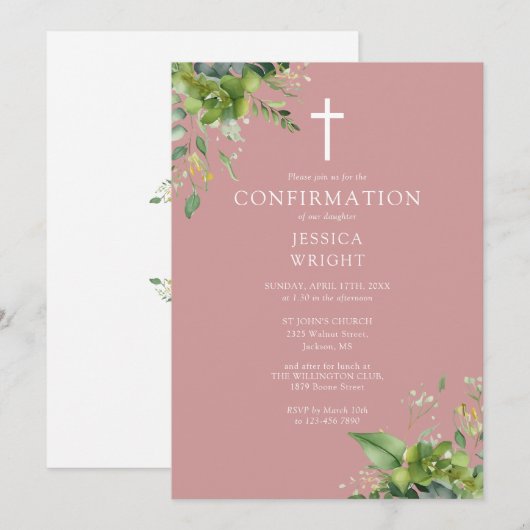 Dusty Roos Pink Greenery Monogram Bevestiging Kaart (Voorkant / Achterkant)