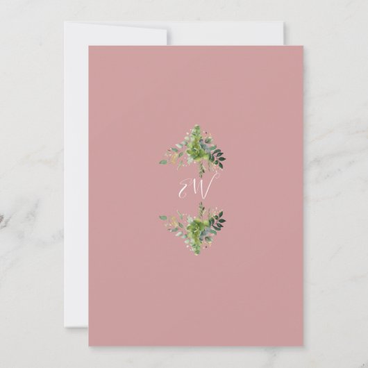 Dusty Roos Pink Greenery Monogram Doop Kaart (Achterkant)