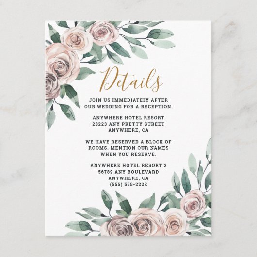 Dusty Roos Pink Mauve Gold Greenery Floral Wedding Informatiekaartje (Voorkant)