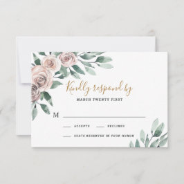 Dusty Roos Pink Mauve Gold Greenery Floral Wedding RSVP Kaartje