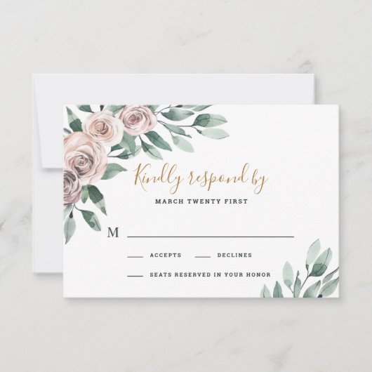 Dusty Roos Pink Mauve Gold Greenery Floral Wedding RSVP Kaartje (Voorkant)
