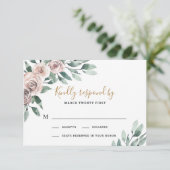 Dusty Roos Pink Mauve Gold Greenery Floral Wedding RSVP Kaartje (Staand voorkant)