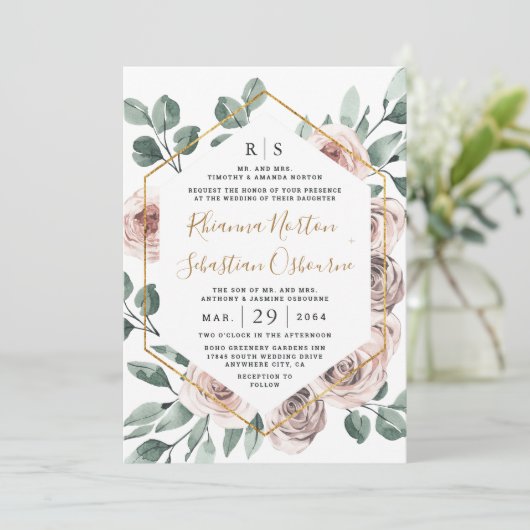 Dusty Roos Pink Mauve Greenery Floral Gold Wedding Kaart (Staand voorkant)