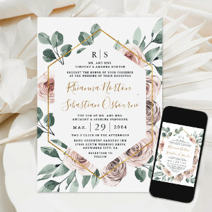 Dusty Roos Pink Mauve Greenery Floral Gold Wedding Kaart