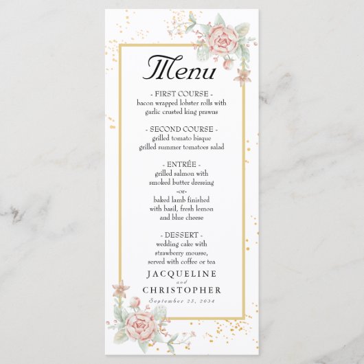 Dusty Roos Pink Peony Floral Peach Wedding Menu (Voorkant)