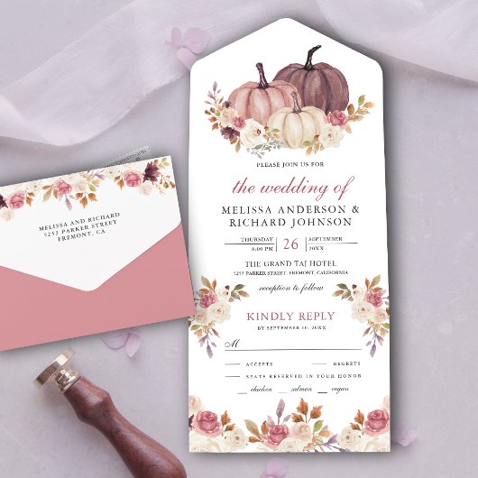 Dusty Roos Pink Pumpkin en Ivory Floral Wedding All In One Uitnodiging