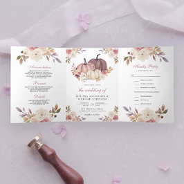 Dusty Roos Pink Pumpkin en Ivory Floral Wedding Drieluik Uitnodiging