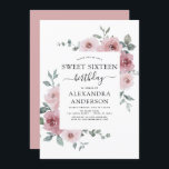 Dusty Roos Pink Sweet Sixteen Birthday Kaart<br><div class="desc">Dusty Roos Pink Floral Rozen en Eucalyptus Botanical Greenery Waterverf Spring of Summer Sweet Sixteen Birthday Party Invitations - bevat prachtige en elegante scripttypografie met moderne tropische botanische bloemen en groen voor de speciale Sweet 16-viering.</div>