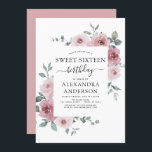 Dusty Roos Pink Sweet Sixteen Birthday Kaart<br><div class="desc">Dusty Roos Pink Floral Rozen en Eucalyptus Botanical Greenery Waterverf Spring of Summer Sweet Sixteen Birthday Party Invitations - bevat prachtige en elegante scripttypografie met moderne tropische botanische bloemen en groen voor de speciale Sweet 16-viering.</div>