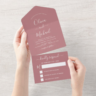 Dusty Roos Pink Wedding Modern Typografie RSVP All In One Uitnodiging