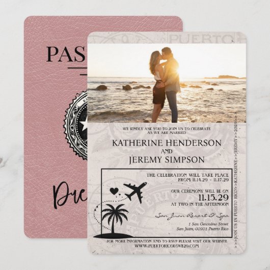Dusty Roos Puerto Rico Passport Wedding Kaart (Voorkant / Achterkant)
