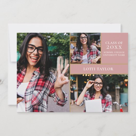 Dusty Roos Roze 3 Foto Gold Graduparty Invi Kaart (Voorkant)