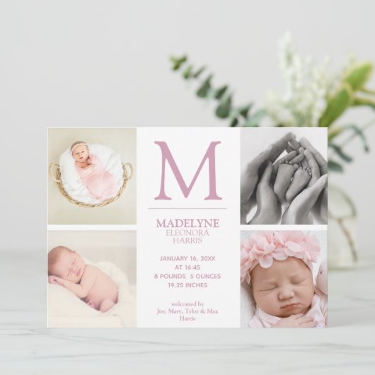 Dusty Roos Roze 4 Foto Collage Newborn Girl Birth Aankondiging (Staand voorkant)