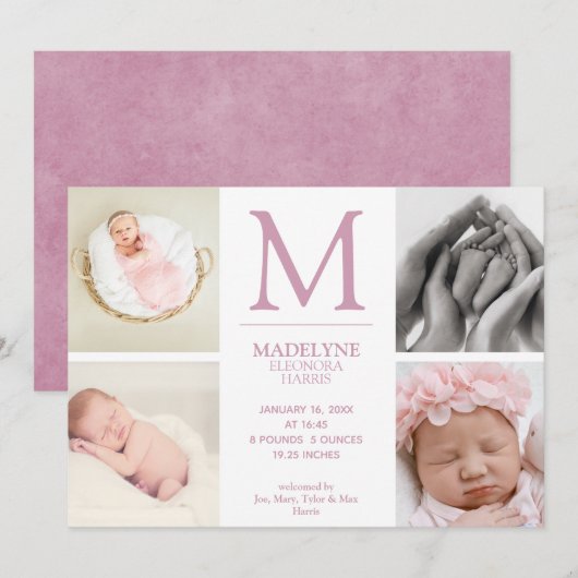 Dusty Roos Roze 4 Foto Collage Newborn Girl Birth Aankondiging (Voorkant / Achterkant)