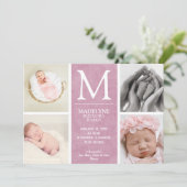 Dusty Roos Roze 4 Foto Collage Newborn Girl Birth Aankondiging (Staand voorkant)