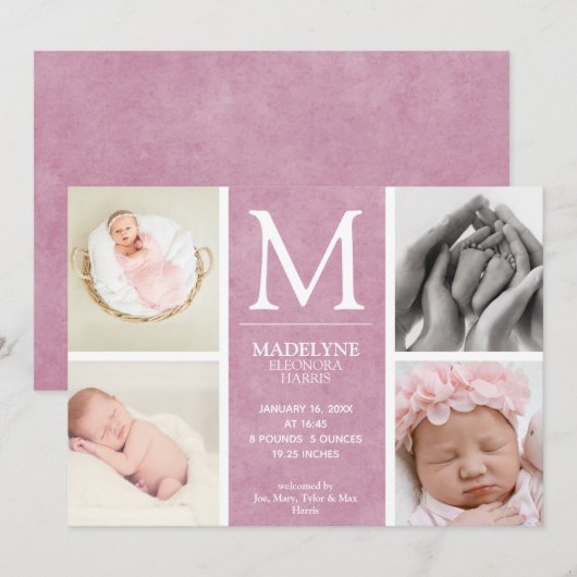 Dusty Roos Roze 4 Foto Collage Newborn Girl Birth Aankondiging (Voorkant / Achterkant)