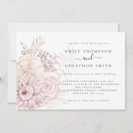 Dusty Roos Roze Bloemen Bruiloft Uitnodiging (Voorkant)
