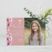 Dusty Roos Roze Bloemen Fotobevestiging Bedankkaart (Staand voorkant)