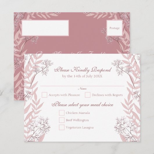 Dusty Roos roze bruiloft  botanisch Feestdagenkaart (Voorkant / Achterkant)