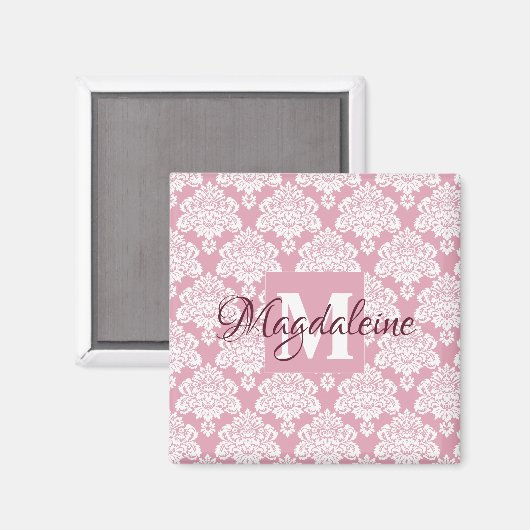Dusty Roos Roze Damask Monogram met naam Magnet (Voorkant / Achterkant)