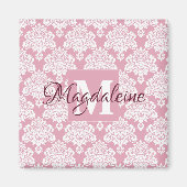 Dusty Roos Roze Damask Monogram met naam Magnet (Voorkant)
