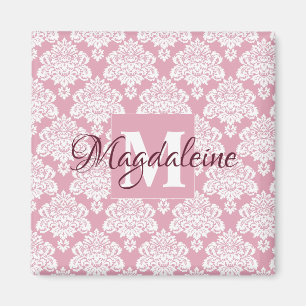 Dusty Roos Roze Damask Monogram met naam Magnet