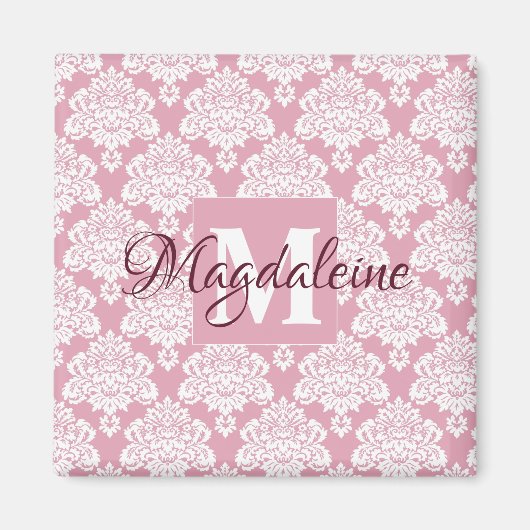 Dusty Roos Roze Damask Monogram met naam Magnet (Voorkant)