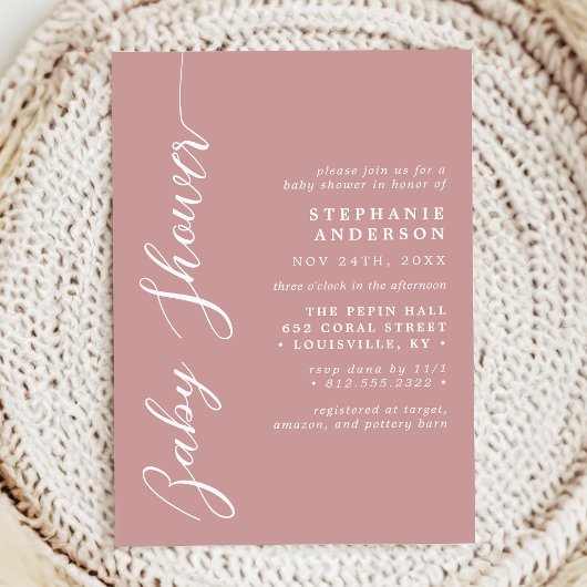 Dusty Roos Roze Eenvoudig Modern Script Baby showe Kaart