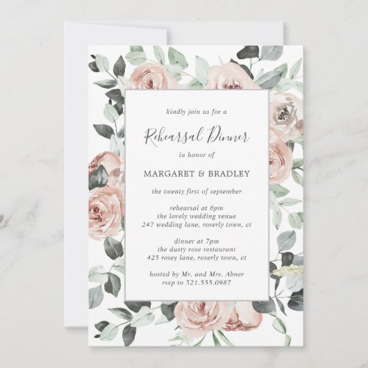 Dusty Roos Roze Floral Elegant Rehearsal Dinner Kaart (Voorkant)