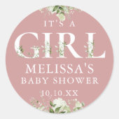 Dusty Roos roze Greenery is een meisje Baby shower Ronde Sticker (Voorkant)