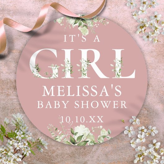 Dusty Roos roze Greenery is een meisje Baby shower Ronde Sticker
