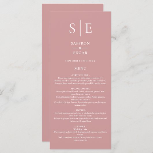 Dusty Roos Roze Monogram Bruiloft Diner Menu (Voorkant / Achterkant)