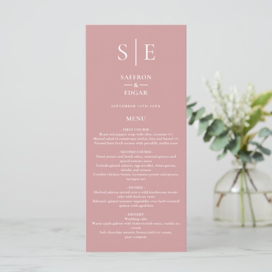 Dusty Roos Roze Monogram Bruiloft Diner Menu (Staand voorkant)