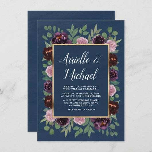 Dusty Roos Roze Navy Blauw Herfst bruiloft uitnodi Kaart (Voorkant / Achterkant)