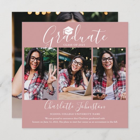 Dusty Roos roze script Afstuderen 4 Foto Afstudere Aankondiging (Voorkant / Achterkant)