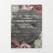 Dusty Roos Rozen & Lace Rustic Grey Wood Weddensch Drieluik Uitnodiging (Cover)
