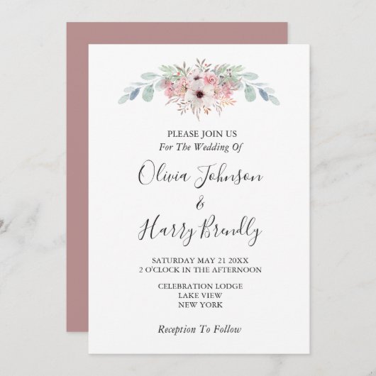 Dusty Roos Rustic Eucalyptus Greenery Wedding Kaart (Voorkant / Achterkant)