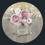 Dusty Roos rustiek land bloemenmoesson pot Ronde Sticker<br><div class="desc">Dusty roos mauve Flowers Mason Jar rustiek land bruiloft zegels</div>