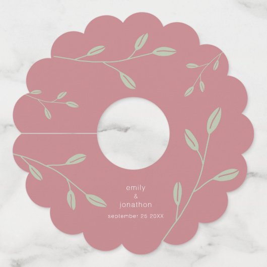 Dusty Roos Sage Groen Bladeren Namen Datum Bruilof Wijnglaslabel (Voorkant)