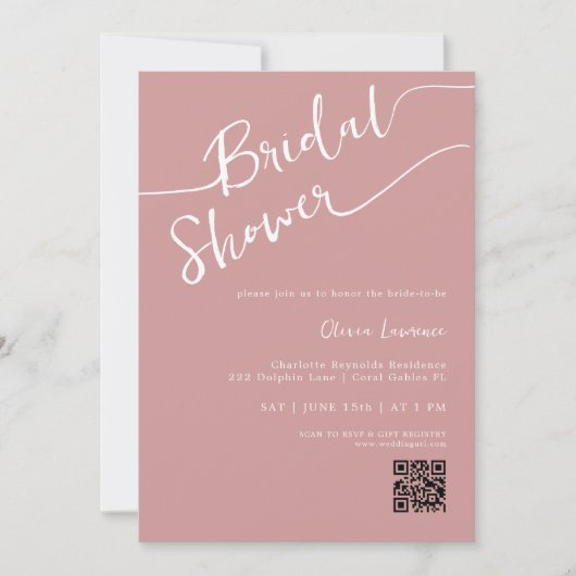 Dusty Roos Script QR Bridal Shower Invitation Kaart (Voorkant)