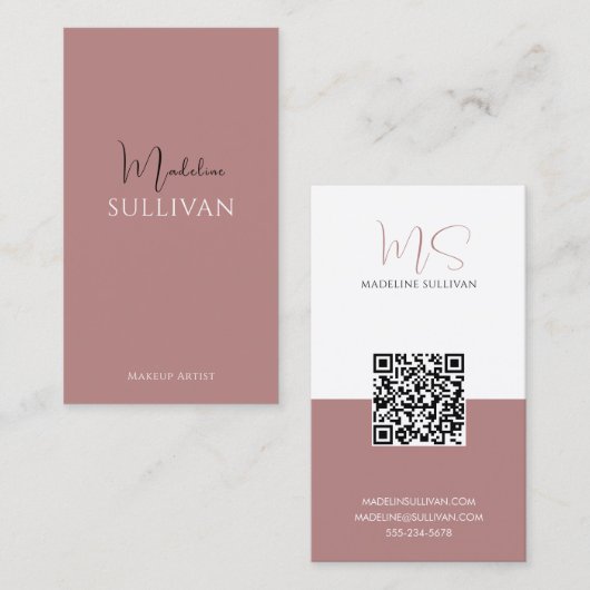 Dusty Roos Script QR Code Modern Visitekaartje (Voorkant / Achterkant)