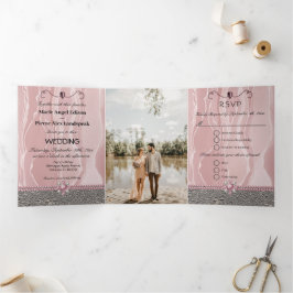 Dusty Roos Silk & Silver Foil & Pearls, Diamond Tr Drieluik Uitnodiging