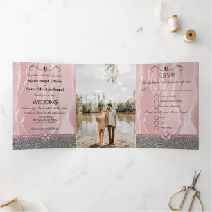 Dusty Roos Silk & Silver Foil & Pearls, Diamond Tr Drieluik Uitnodiging