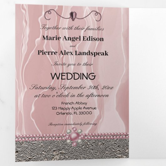 Dusty Roos Silk & Silver Foil & Pearls, Diamond Tr Drieluik Uitnodiging (Binnenzijde eerst)