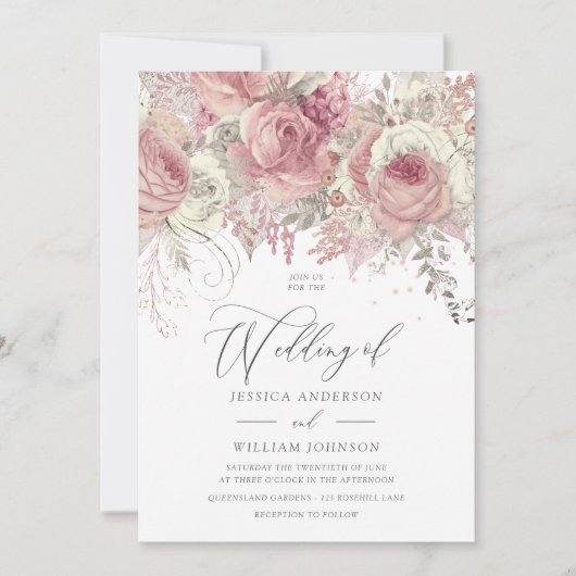 Dusty Roos Silver & Blush Enchanted Floral Wedding Kaart (Voorkant)