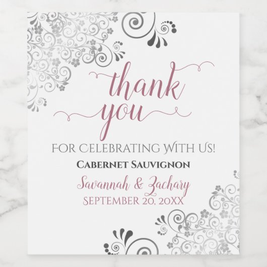 Dusty Roos & Silver Lace White Weddenschap Bedankt Wijn Etiket (Enkel label)