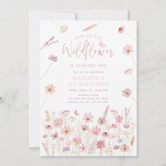 Dusty Roos Spring Wildflowers Eerste Verjaardag Kaart (Voorkant)