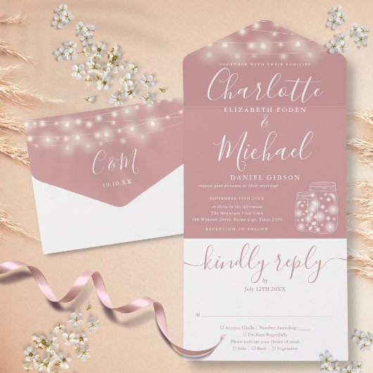 Dusty Roos String Lights Mason Jars Wedding All In One Uitnodiging